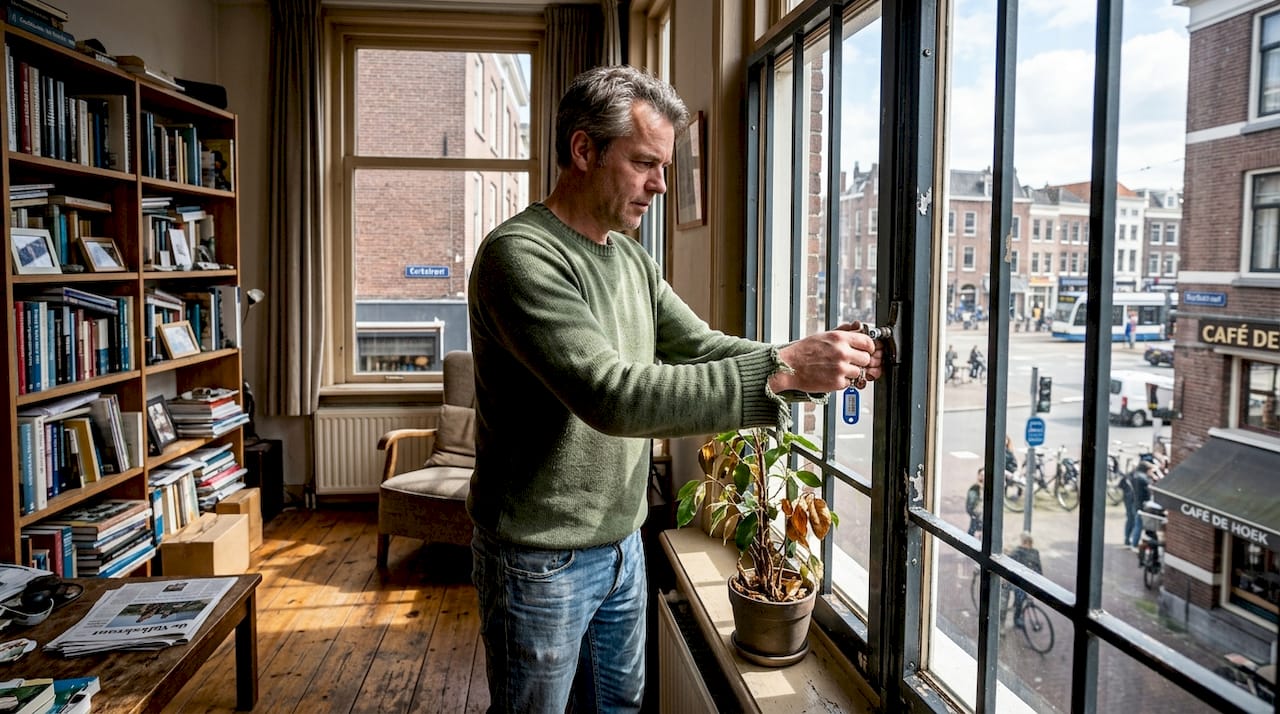 Een huiseigenaar controleert de aluminium raamroosters.