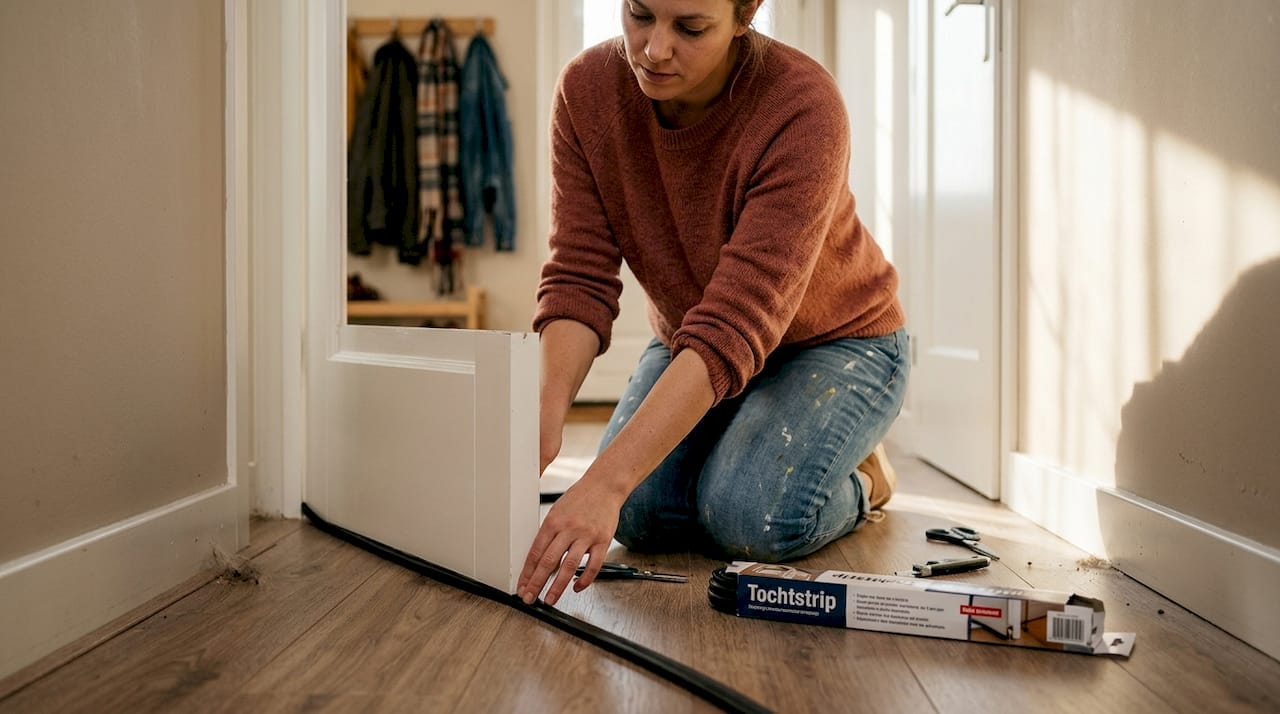 Een vrouw brengt een tochtstrip aan op de deur om kou buiten te houden.