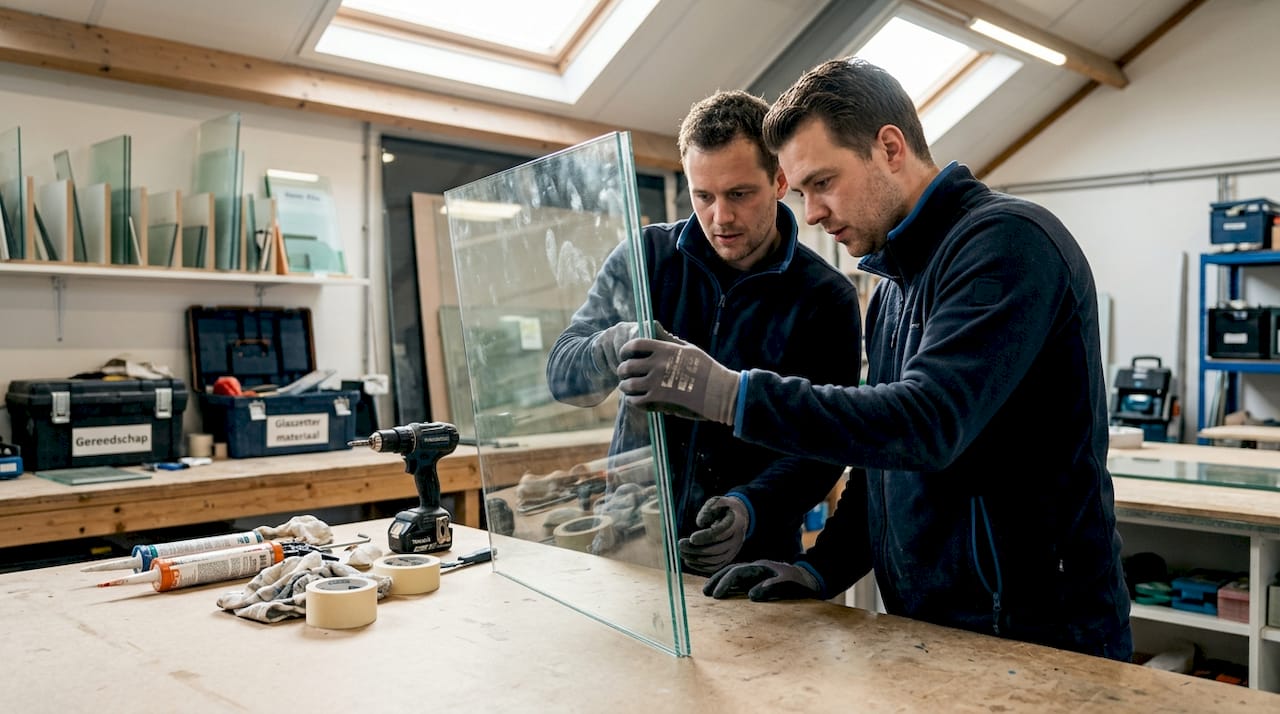 Glazeniers controleren een HR++ ruit op kwaliteit.