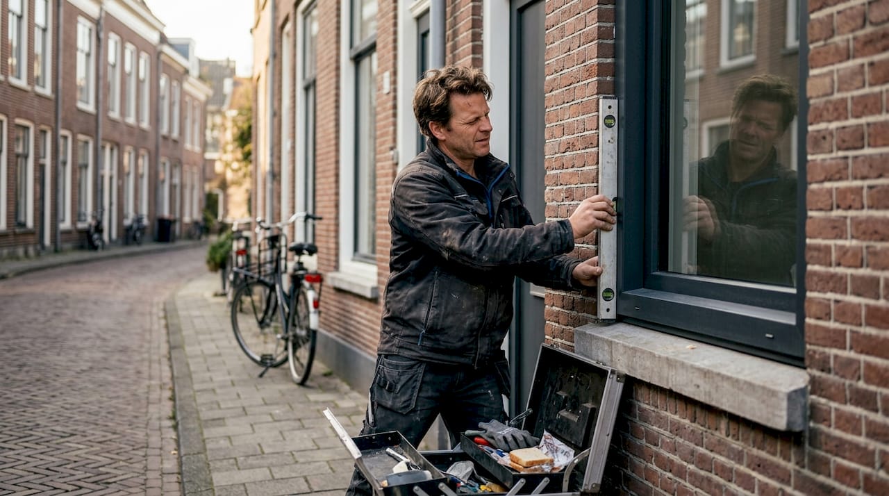 Een aannemer controleert de aluminium kozijnen van een rijtjeshuis.