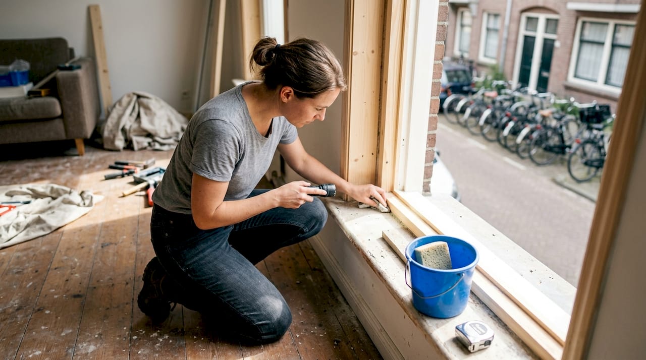 Vrouw schijnt met zaklamp in lege raamopening om goed te kunnen kijken