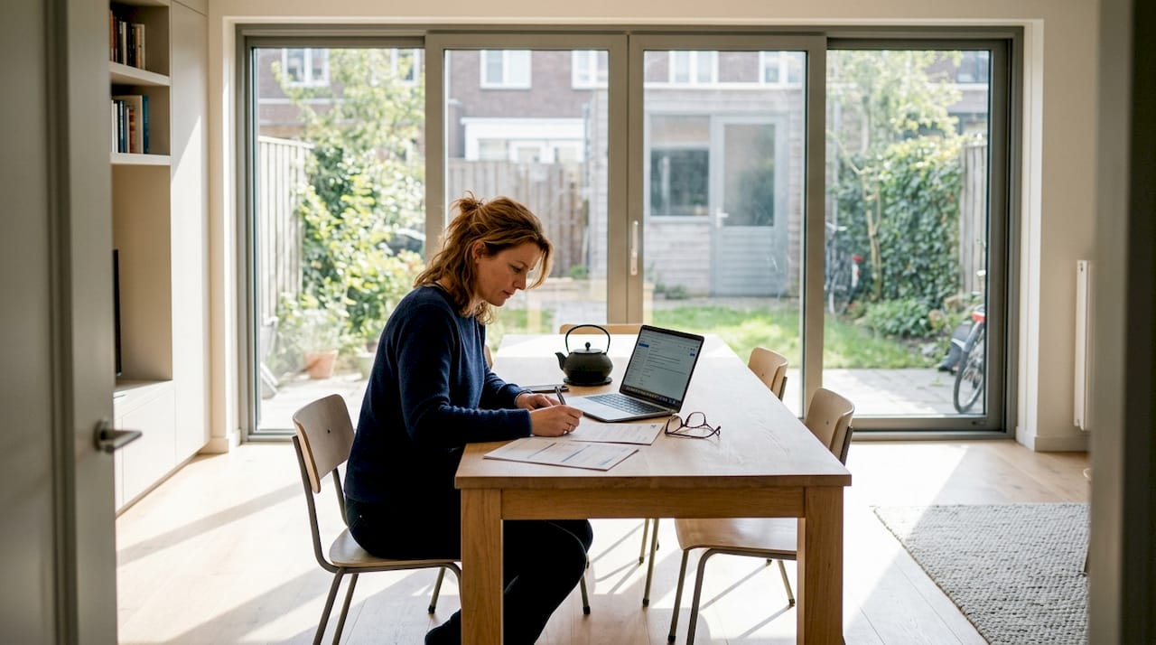 Een vrouw staat in de woonkamer bij de grote aluminium raamkozijnen.