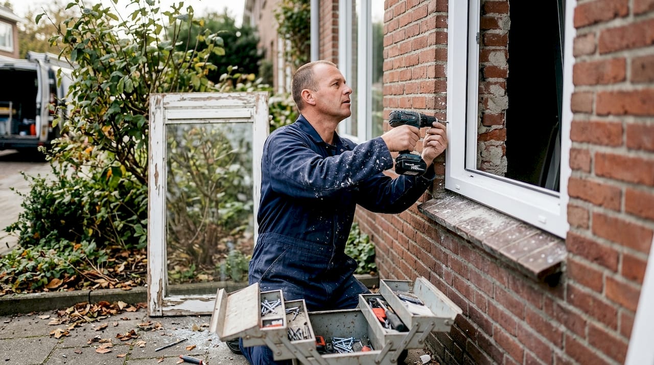 Monteur plaatst een nieuw kunststof kozijn