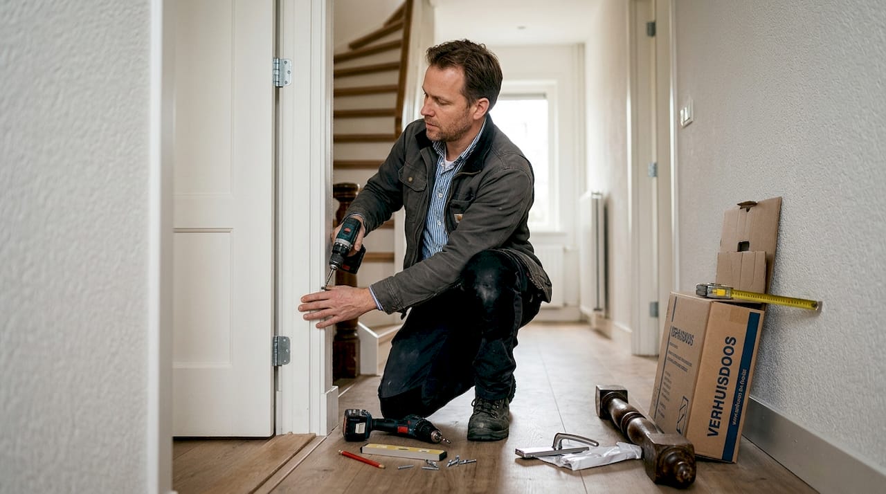 In de hal wordt een nieuwe draaideur geïnstalleerd door de monteur.