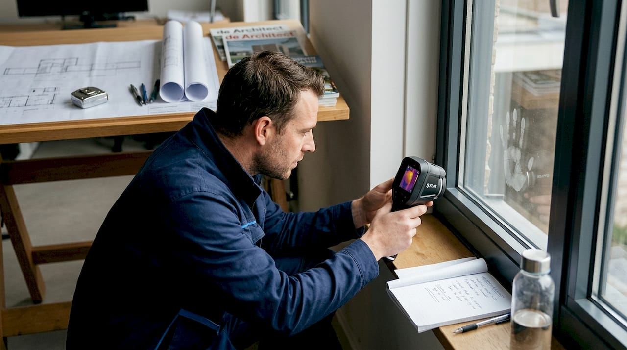 Een monteur controleert de isolatie van een aluminium kozijn.