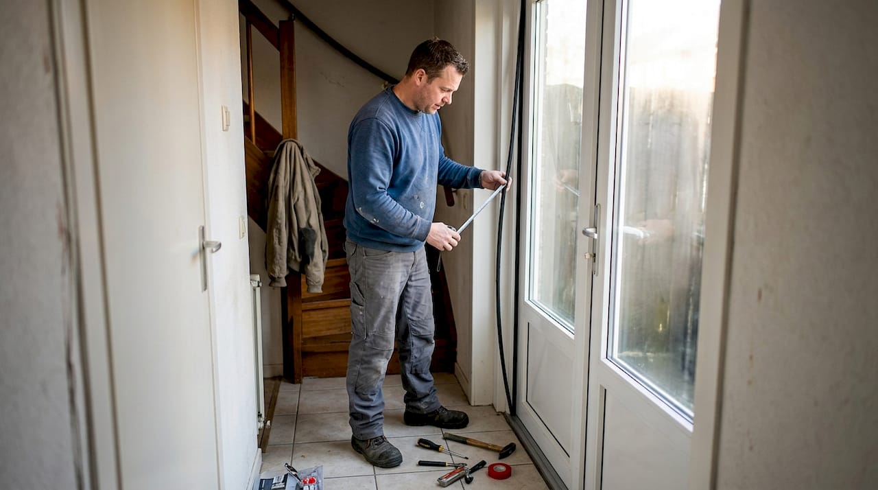 De monteur inspecteert de isolatiestrip van de stolpdeur.