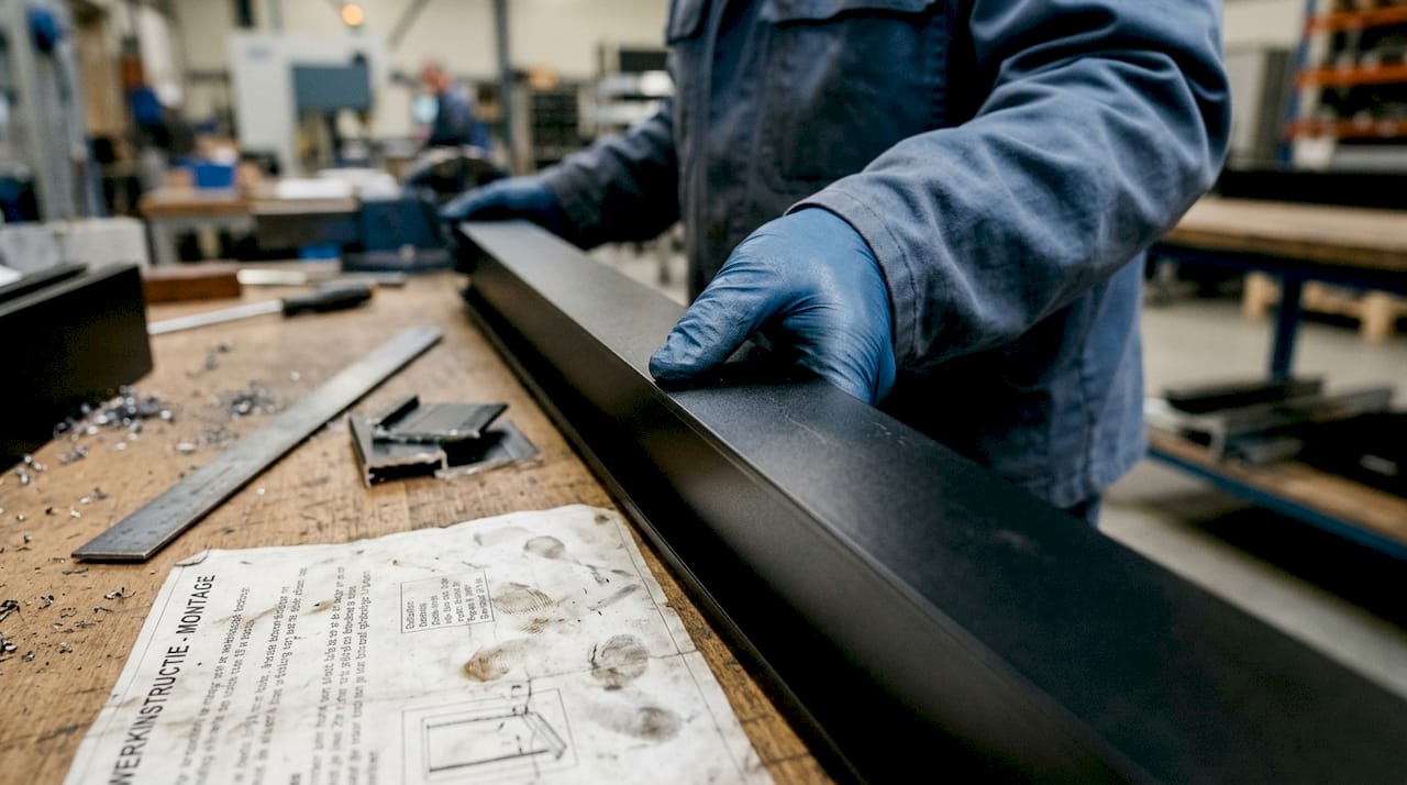 Met de hand wordt gecontroleerd of de poedercoating op het aluminium profiel goed is aangebracht.