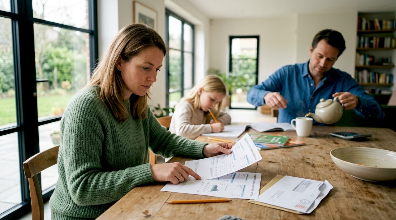 Het hele gezin zit samen aan tafel om de energierekening te bespreken.