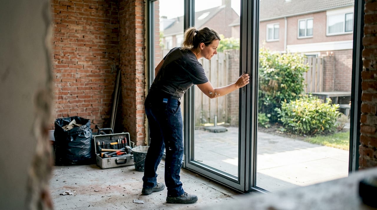 Een vakman inspecteert het aluminium kozijn tijdens de bouw.