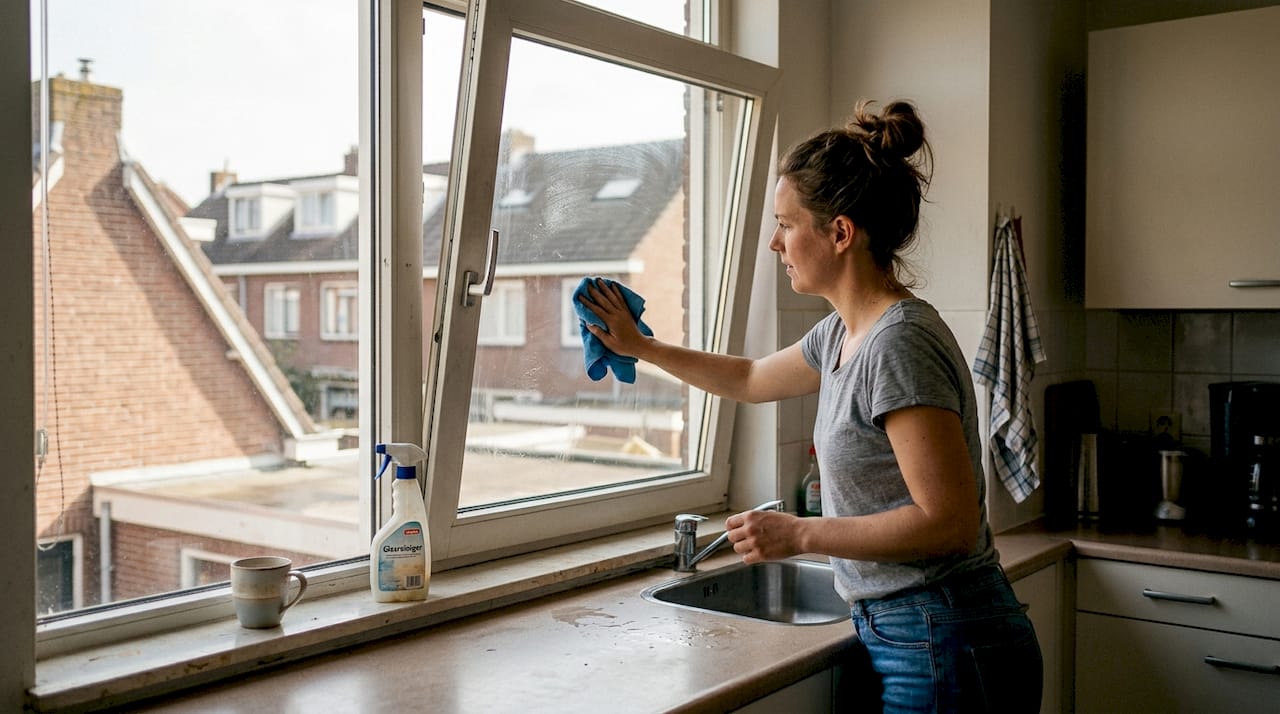 Vrouw maakt een naar binnen draaiend raam schoon