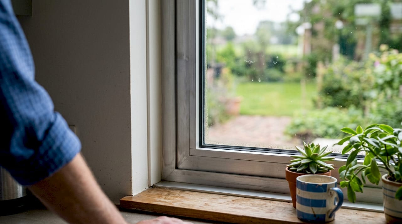 Detailopname van het aluminium raamkozijn in de keuken, gemaakt van gerecycled materiaal.
