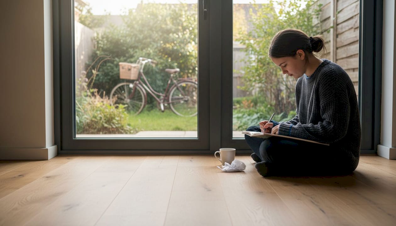 Een tiener zit te schetsen bij het grote raam dat van vloer tot plafond reikt.