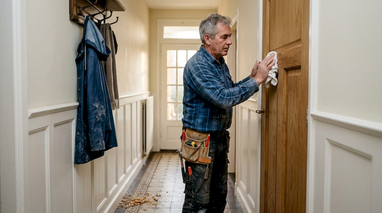 De vakman maakt de net geplaatste massief eiken deur zorgvuldig schoon.