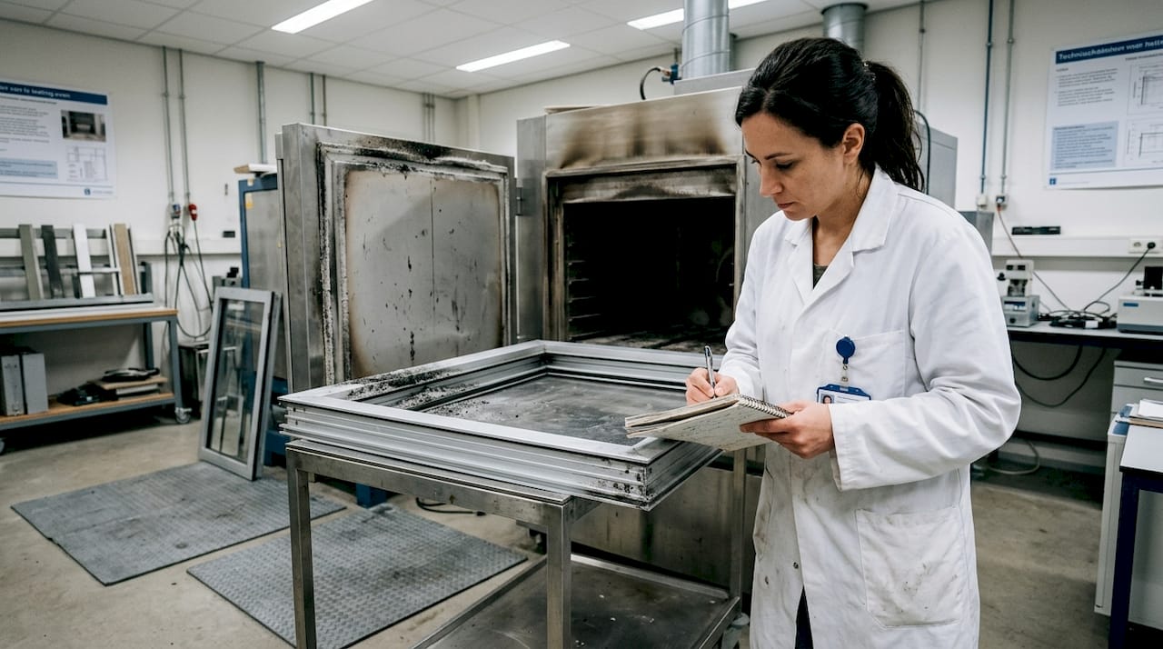 Een laborant test de brandwerendheid van een aluminium kozijn.