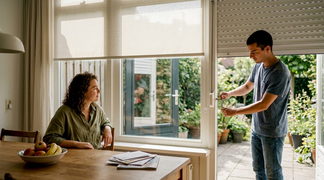 Buiten een rolluik, binnen een gordijn voor hetzelfde raam