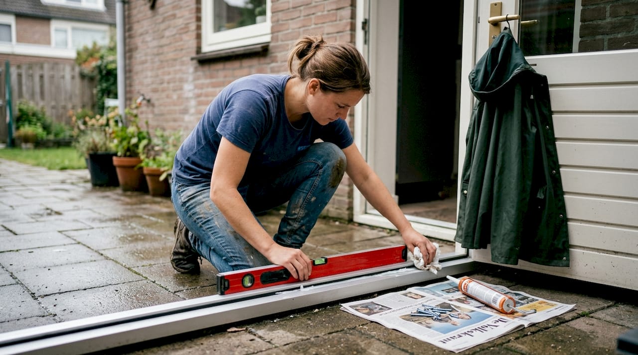 Een vrouw bekijkt of de aluminium drempel goed is geplaatst.