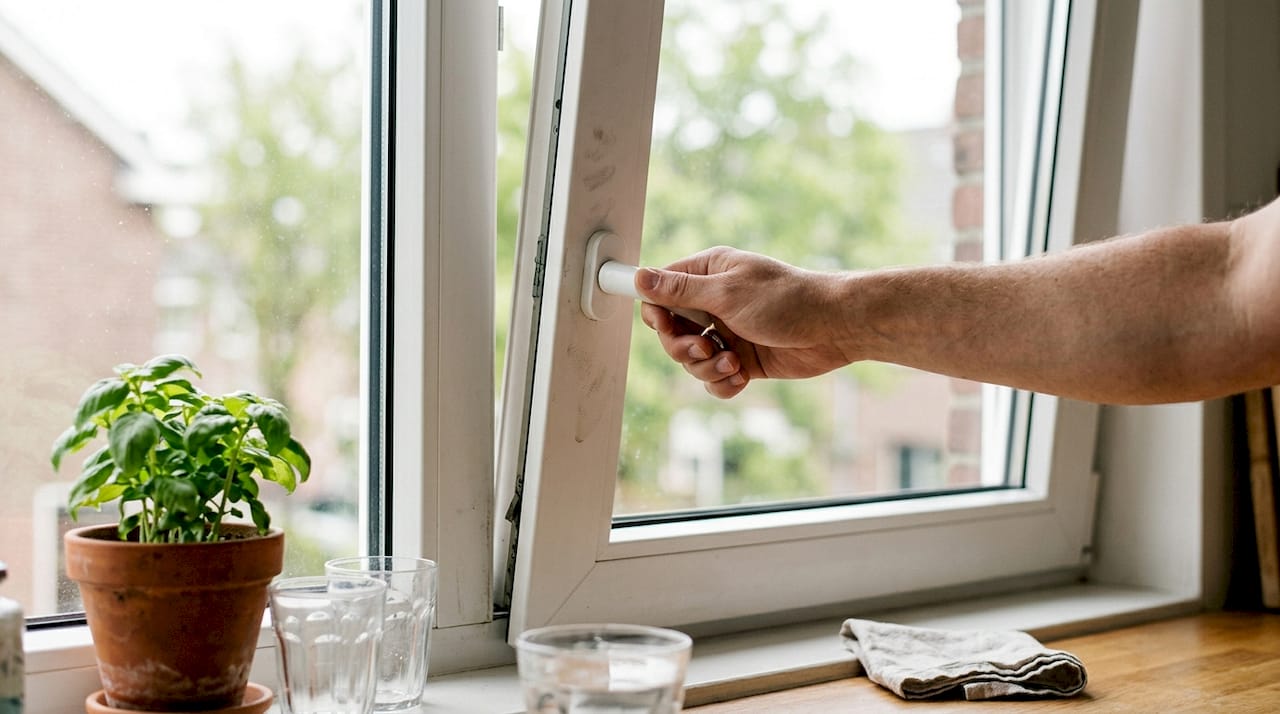 Zet het keukenraam op de ventilatiestand.
