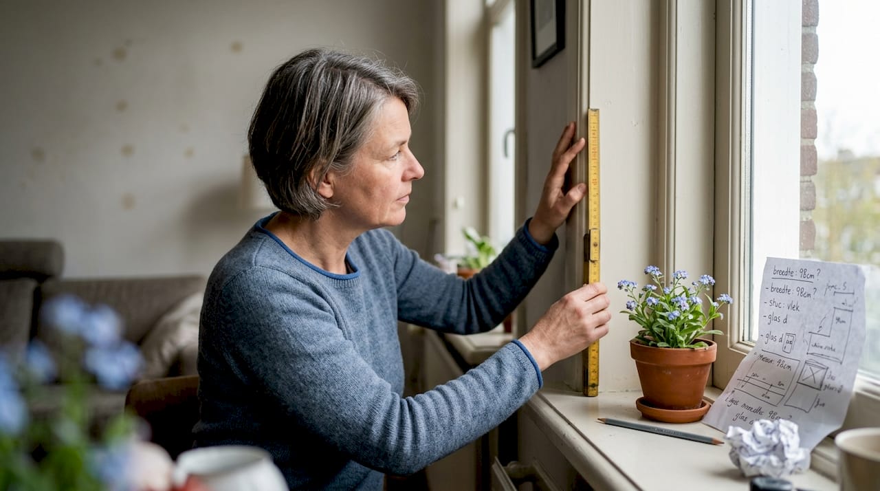 Vrouw meet de diepte van het kozijn aan de binnenkant op