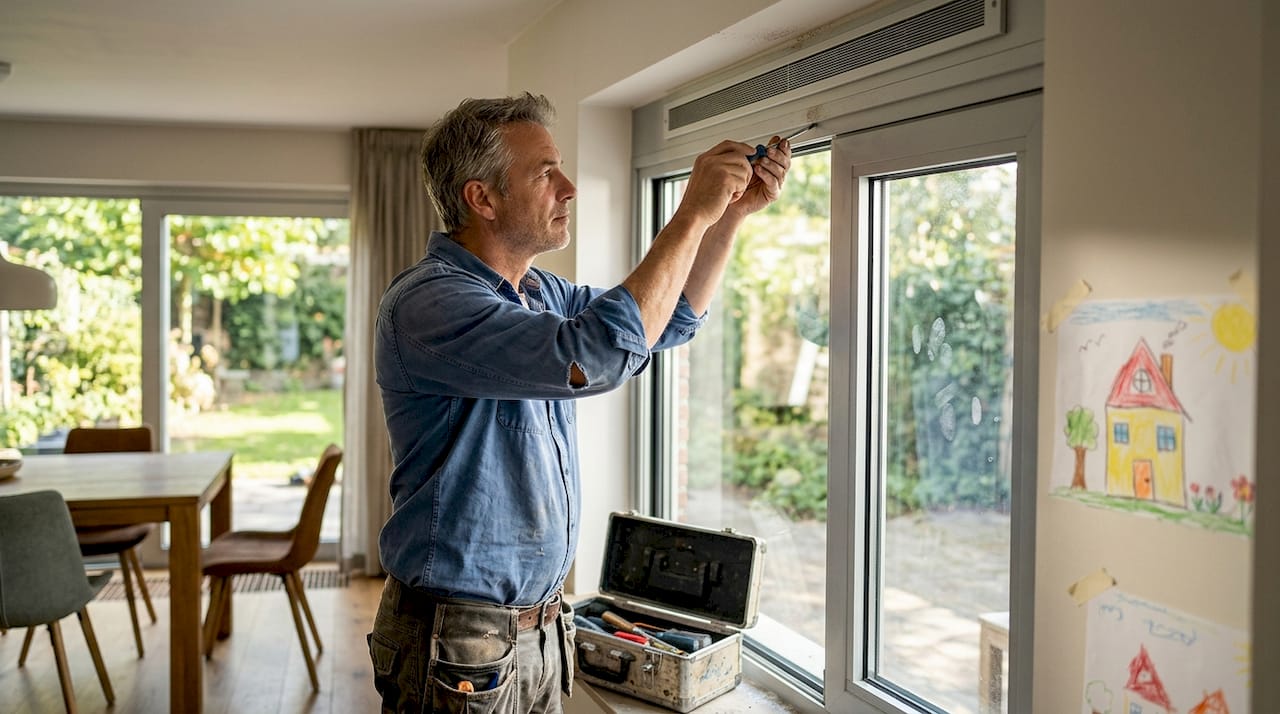 Een monteur heeft een ventilatierooster geplaatst boven de schuifpui.