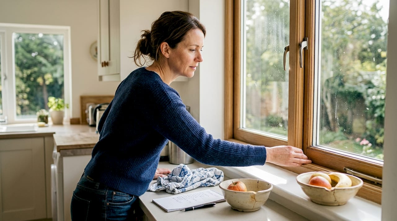 Vrouw voelt met haar hand of er koude lucht langs het keukenraam naar binnen komt.