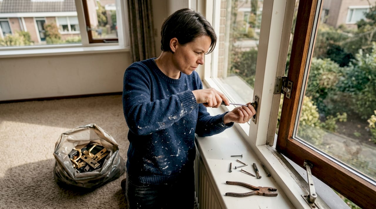 Een vrouw plaatst een nieuw slot op een oud raam.