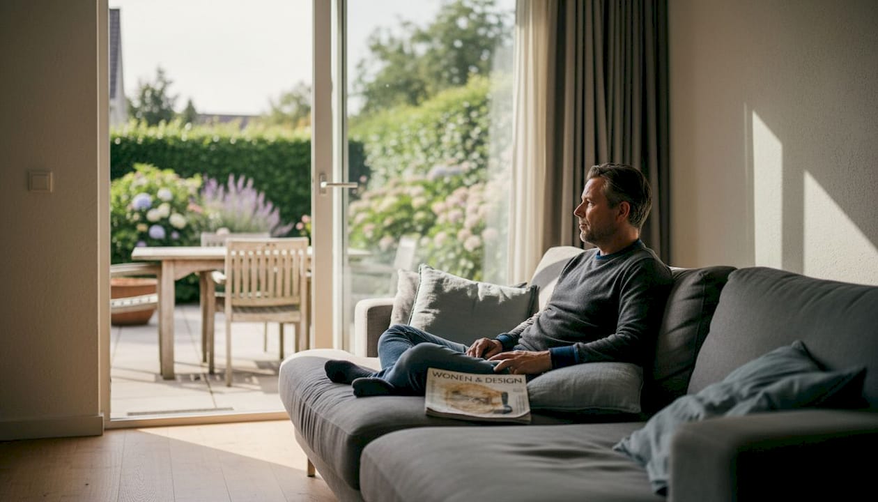 Een man staat bij de schuifpui en kijkt uit over zijn tuin.