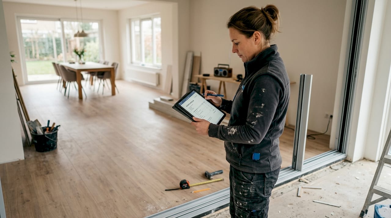 Vakman controleert offerte voorafgaand aan plaatsing schuifpui