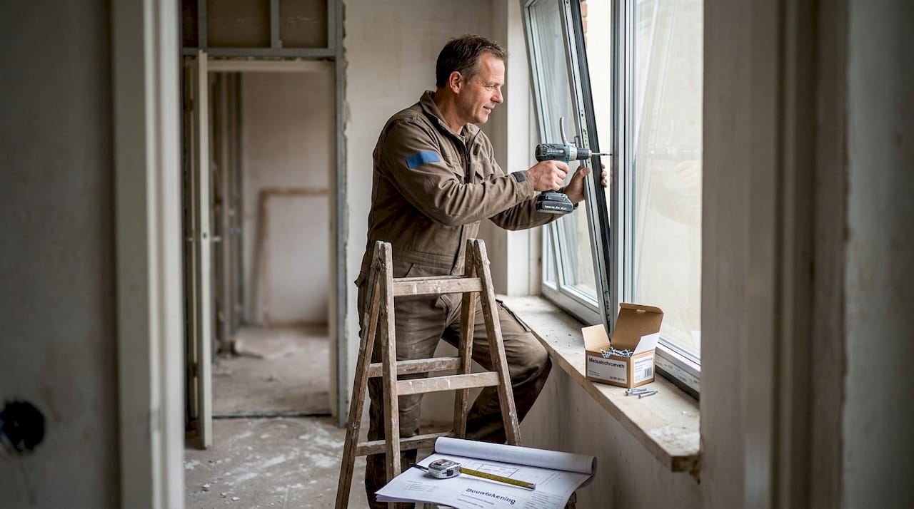 Een vakman monteert een aluminium kozijn in het raamkozijn.