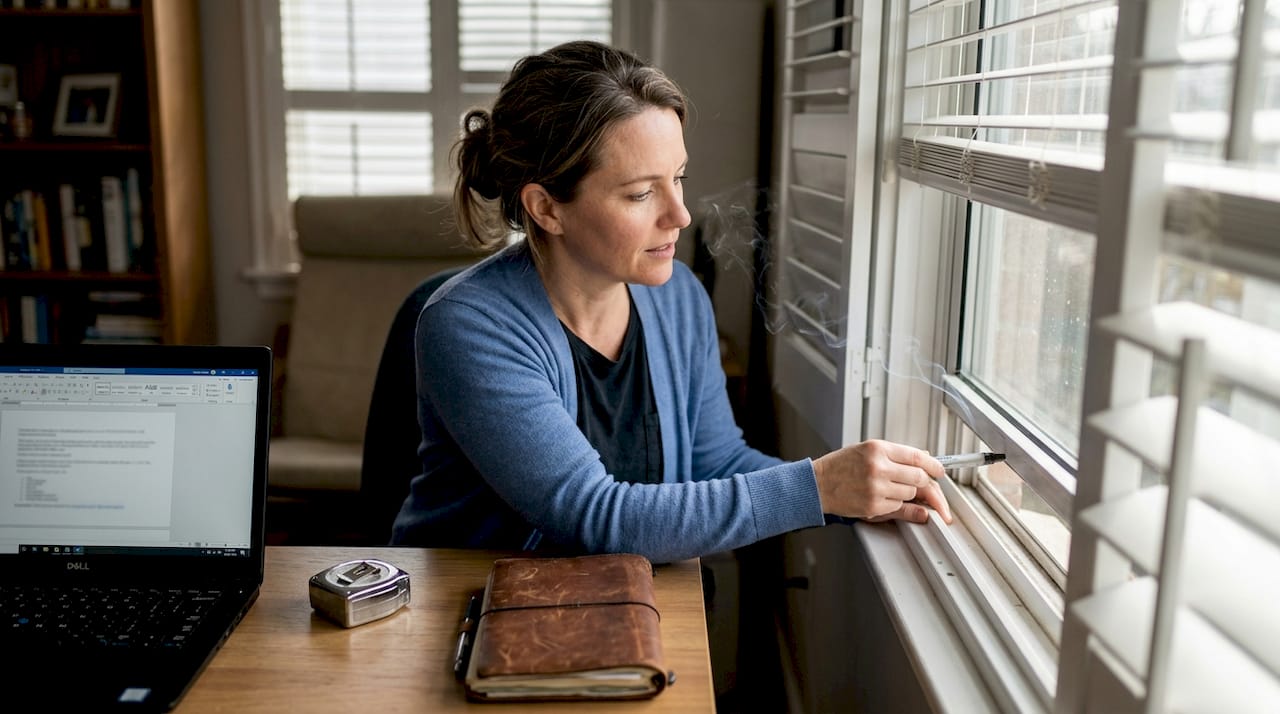 Vrouw controleert tocht bij het kozijn met een rookpen