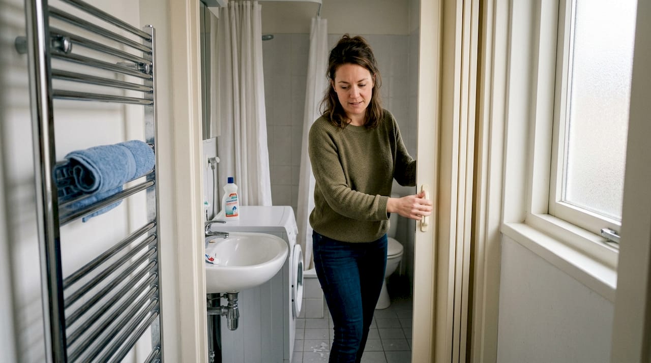 Een vrouw doet de kunststof vouwwand in de badkamer dicht.