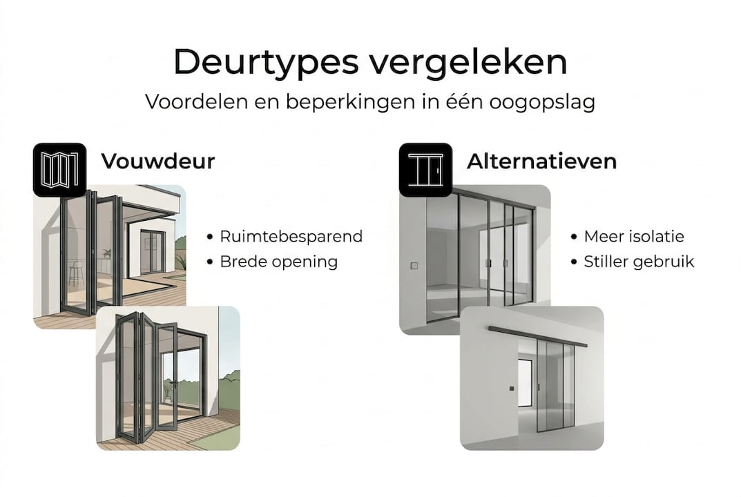 Overzichtelijke infographic: alles over vouwdeuren en hoe ze zich verhouden tot andere deurtypes