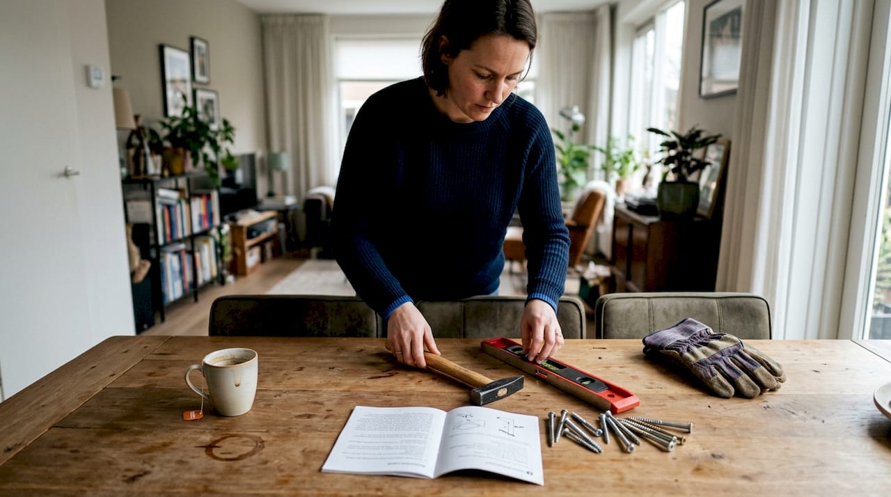 Een vrouw legt het gereedschap klaar voor het monteren van de deur.