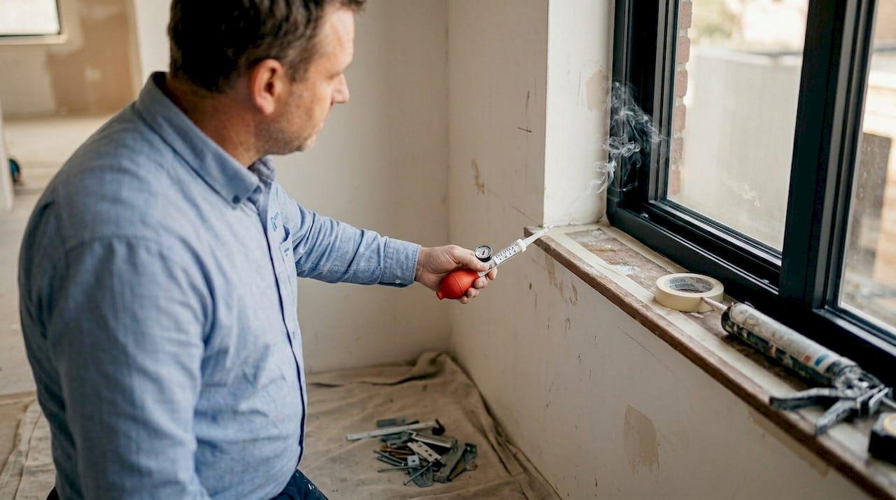 Een monteur controleert de afdichting van het raam tijdens het plaatsen van het aluminium kozijn.