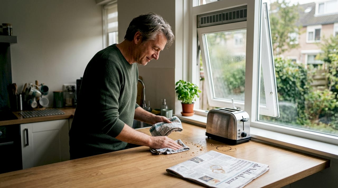 Het keukenraam staat open met het ventilatierooster in gebruik.