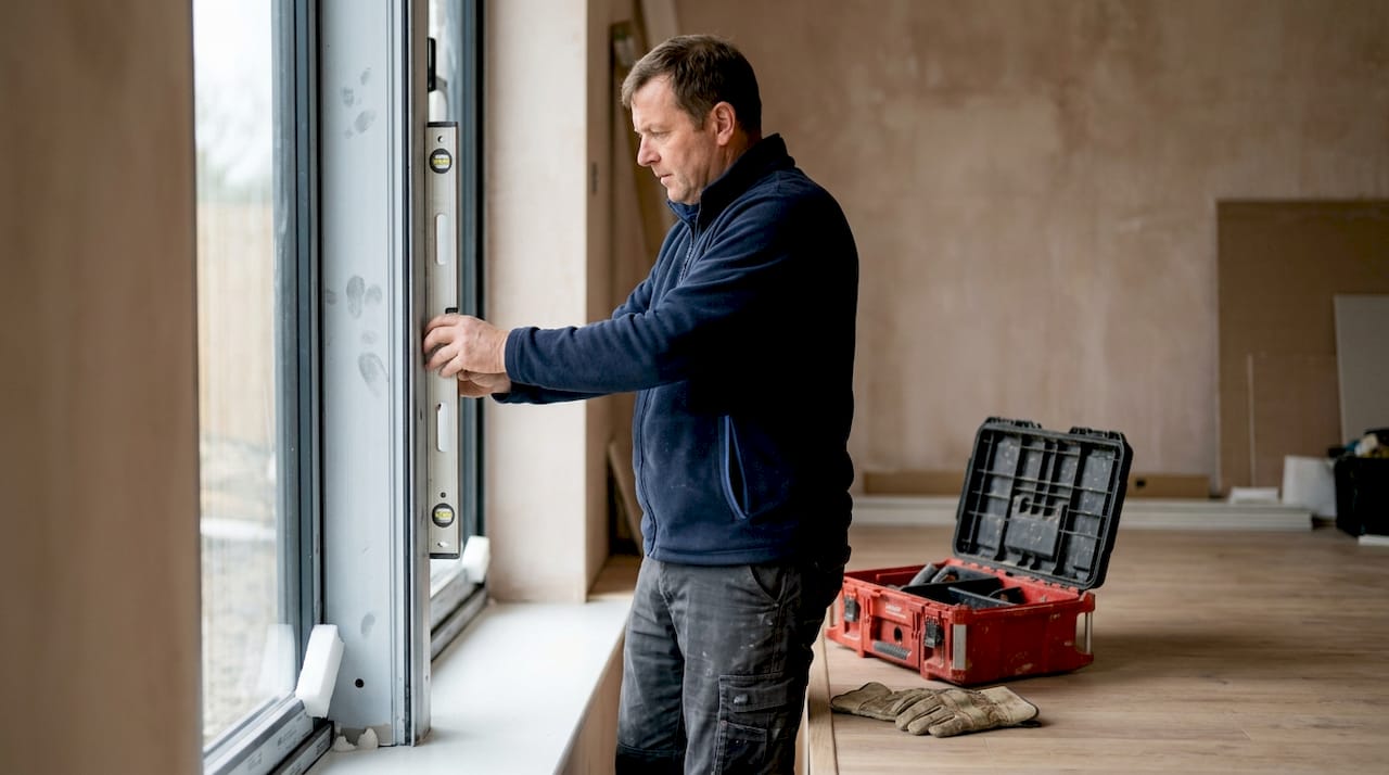 De monteur controleert of het nieuwe aluminium kozijn goed is geplaatst.