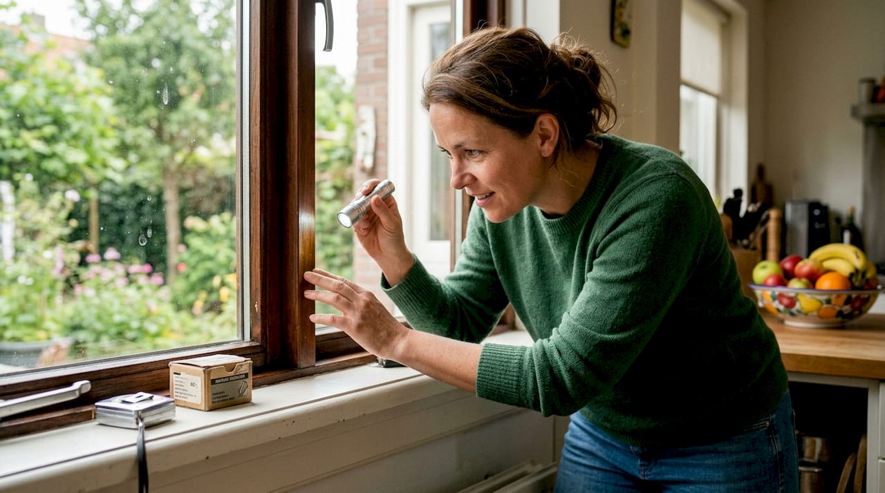 Een vrouw controleert het houten kozijn zorgvuldig met een zaklamp in haar hand.