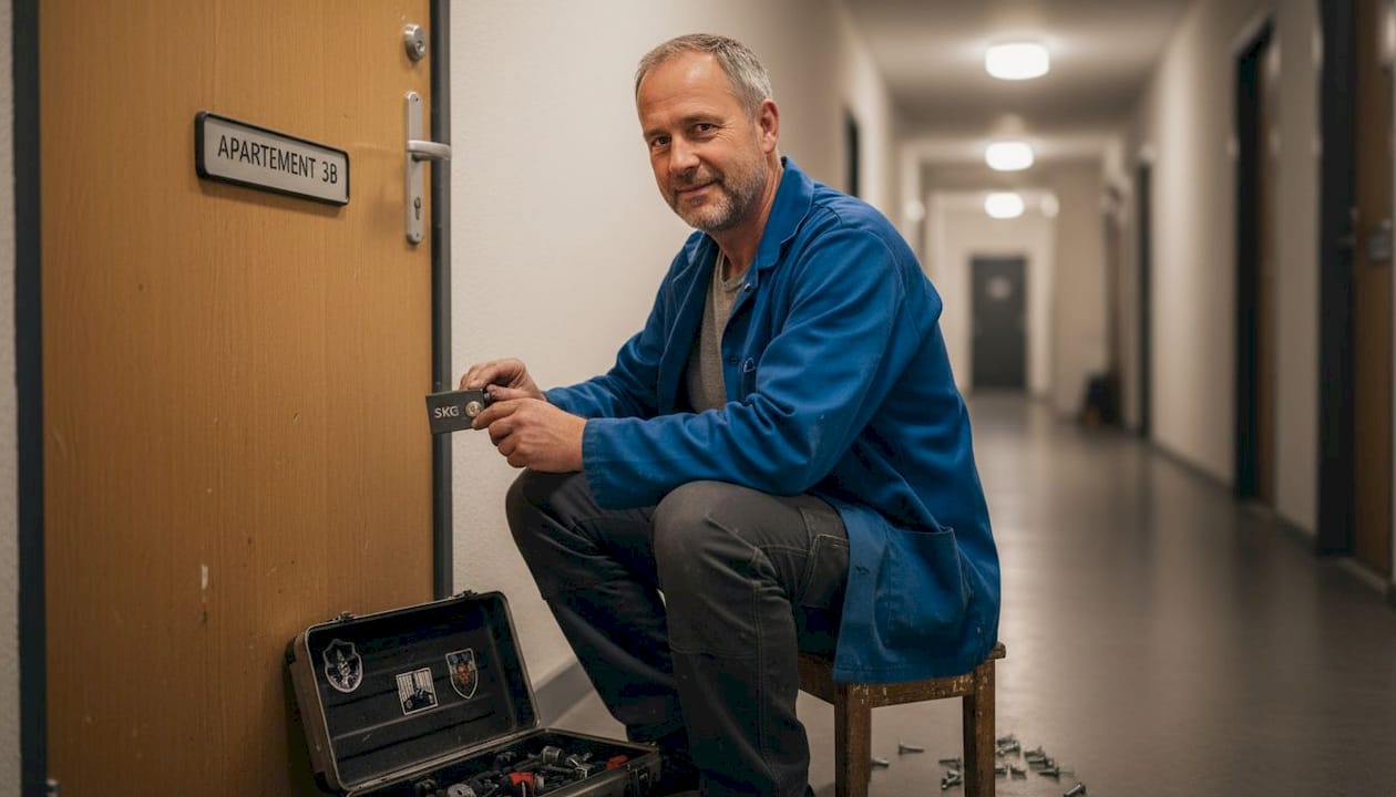 Een vakman monteert een SKG-gekeurd slot op de deur.