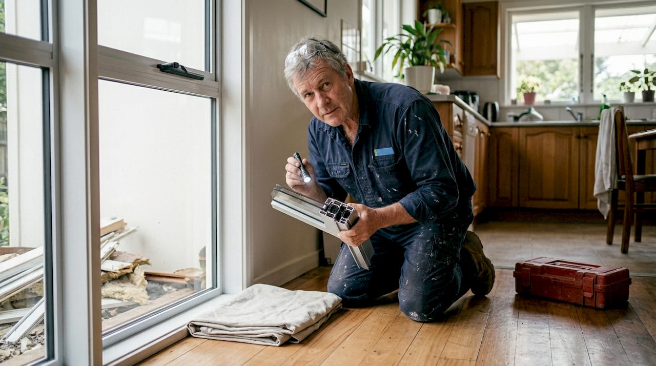 Een vakman inspecteert de isolatie van het aluminium kozijn.