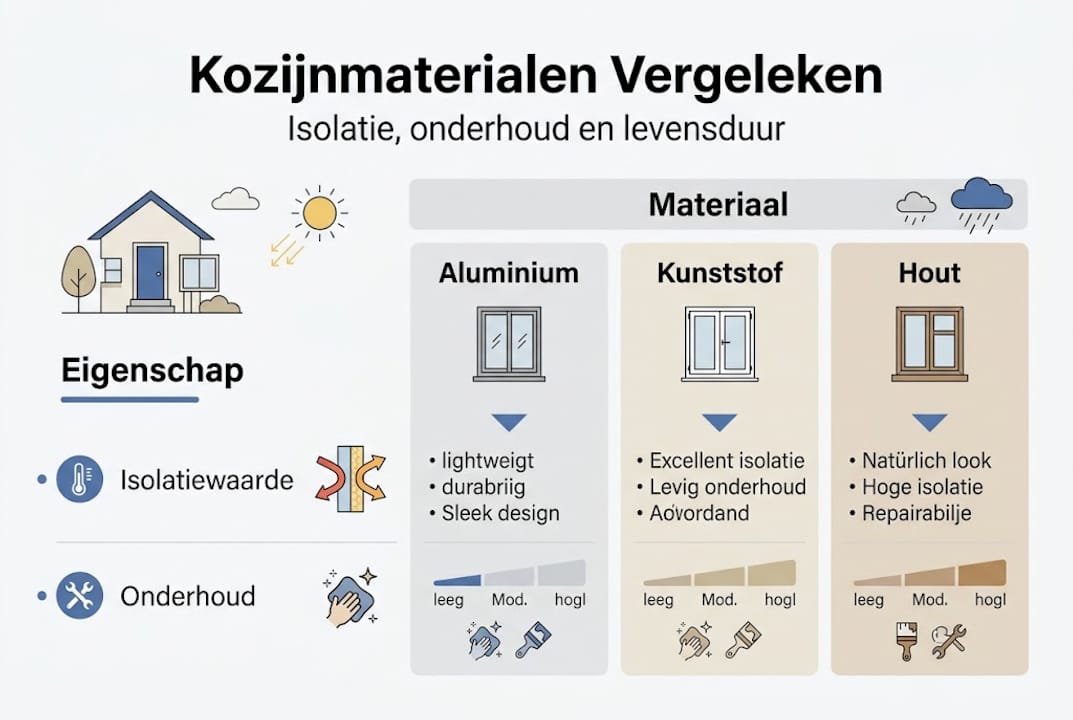 Infographic: Vergelijking van kozijnmaterialen – isolatiewaarde en onderhoud