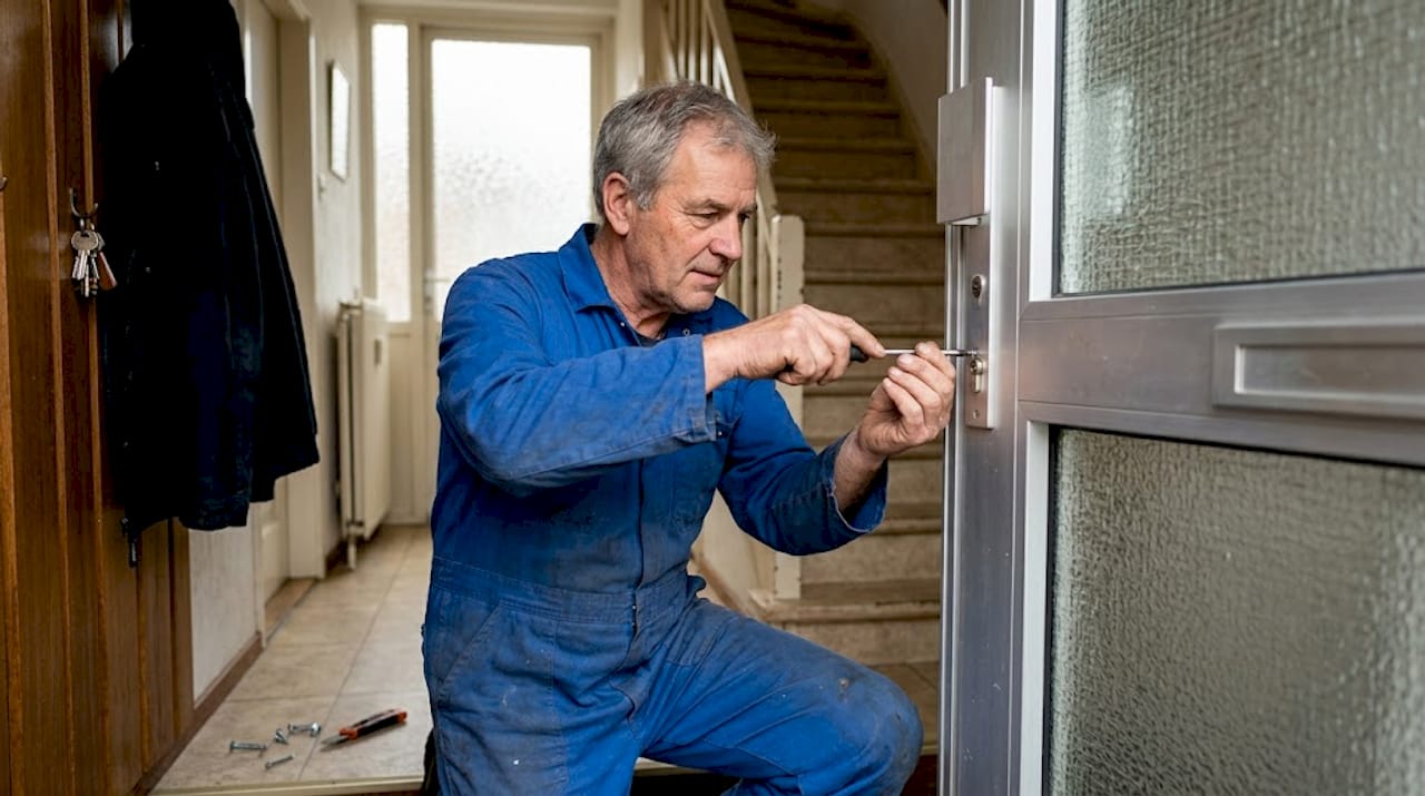 In een werkplaats is een monteur bezig om een aluminium deur precies af te stellen.