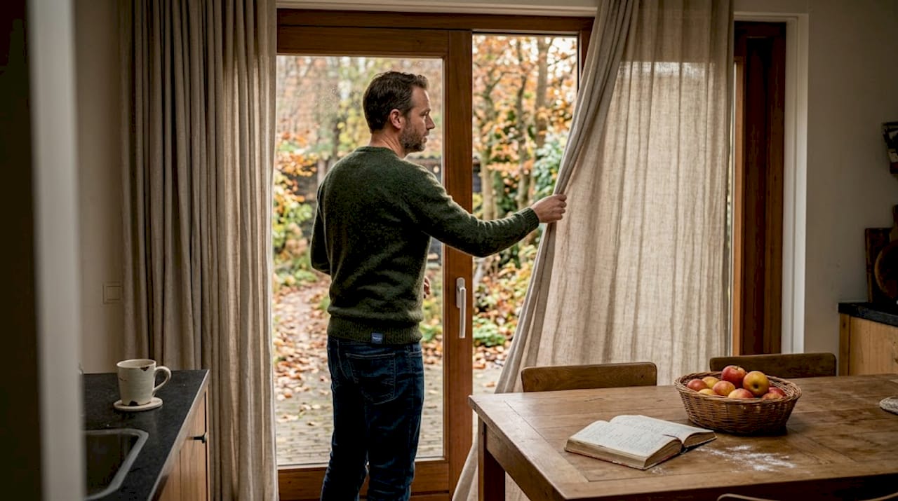 Een man trekt de gordijnen recht bij de houten schuifdeur.