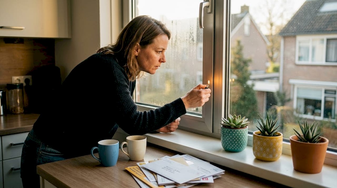Vrouw controleert of het aluminium keukenraam goed is afgedicht tegen tocht