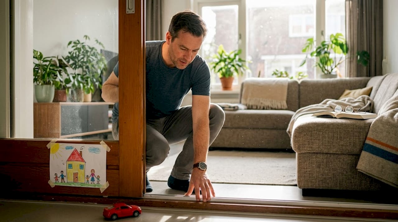 Man kijkt of de rail van de schuifpui in de woonkamer nog goed werkt