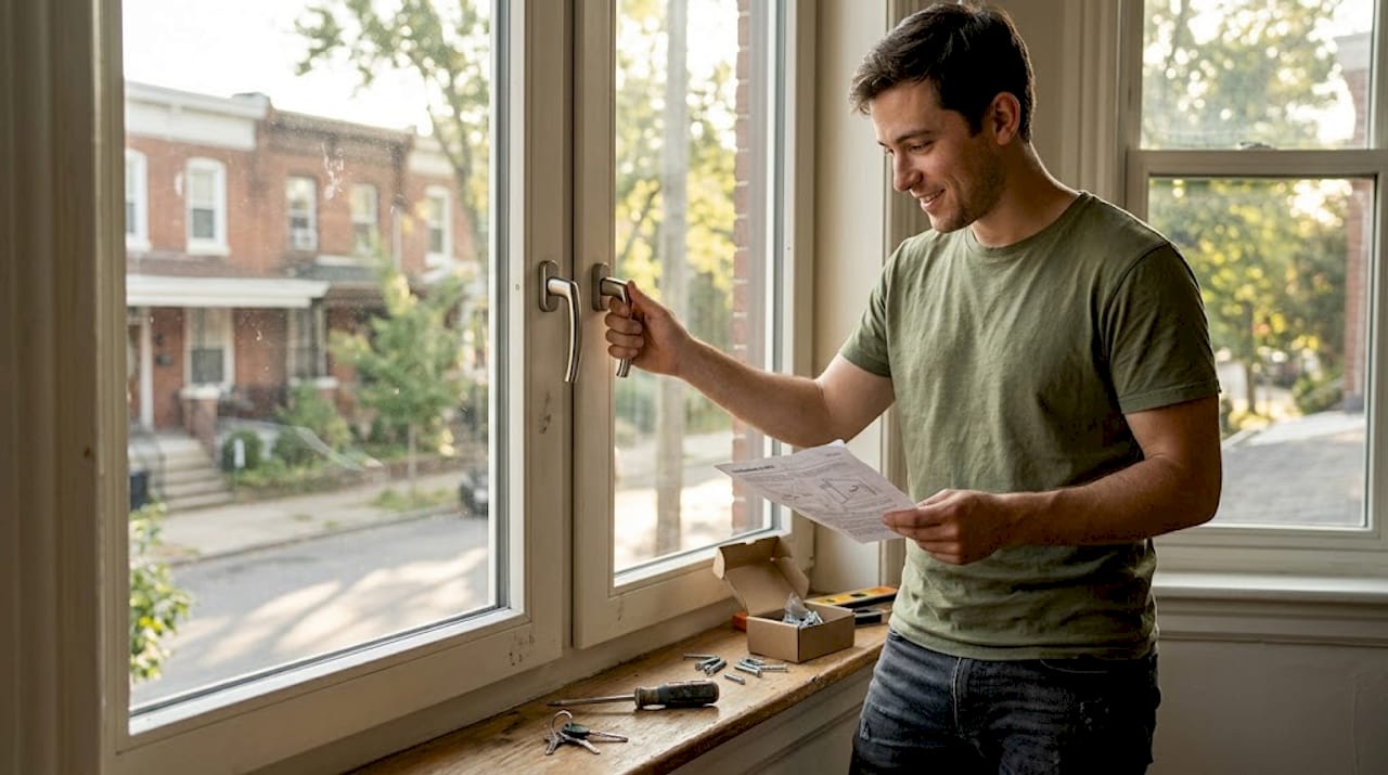 De woningeigenaar controleert of de nieuwe raamkruk goed is gemonteerd.