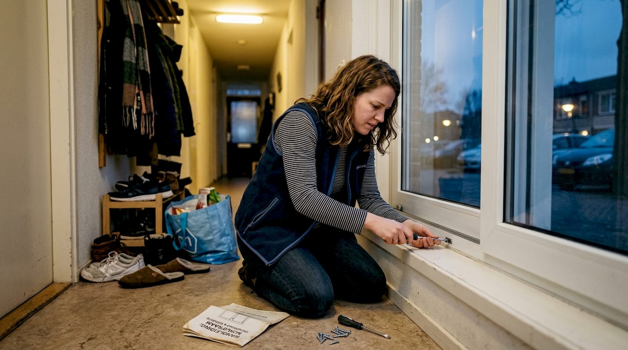 Vrouw kijkt of het schuifraam goed dicht zit