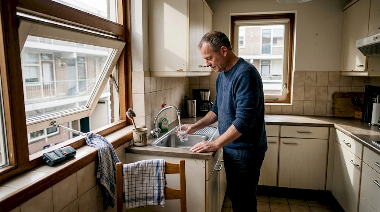 Een man vult een glas water terwijl het keukenraam op kiep staat.