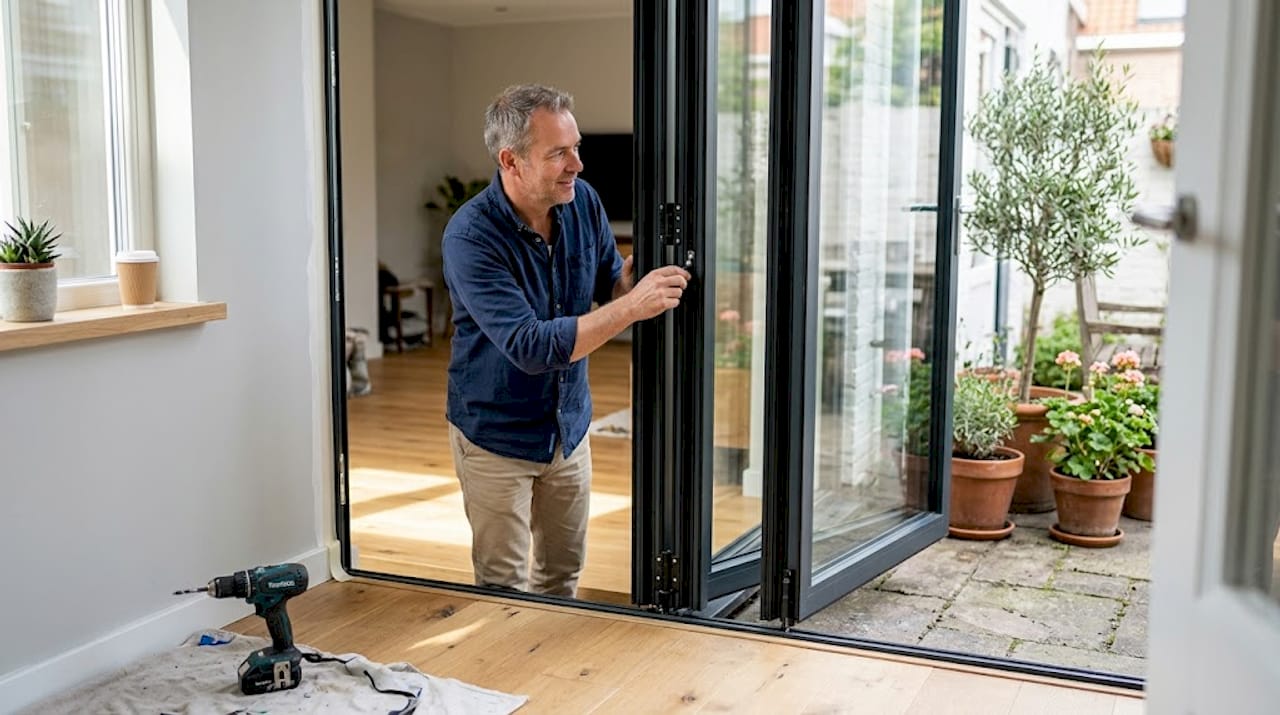 Een man schuift de vouwwand open in zijn Nederlandse aanbouw.