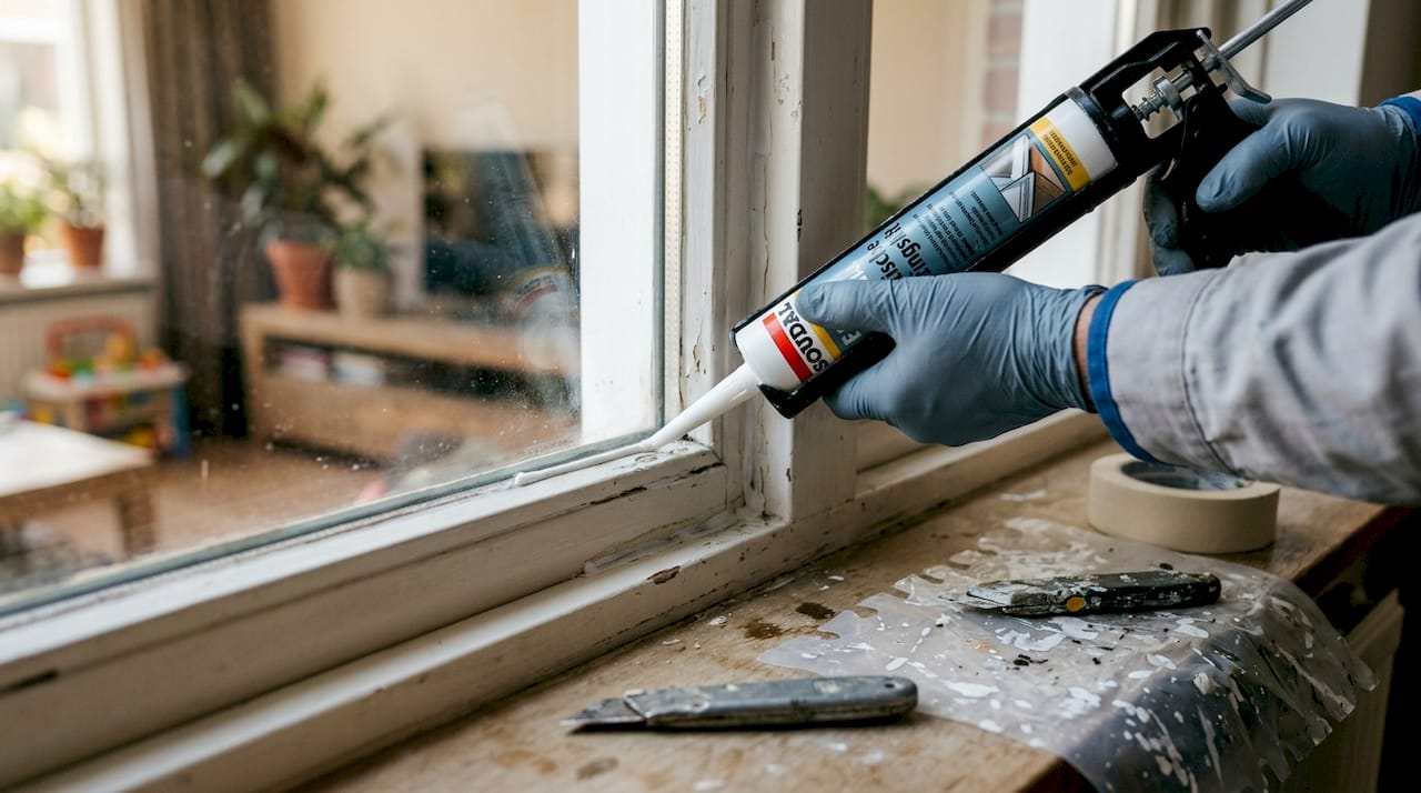 Handmatig kit aanbrengen op het kozijn, met oog voor de details.