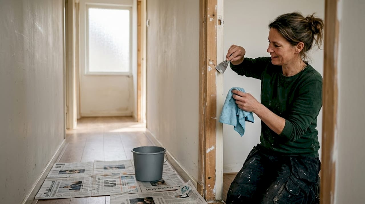 Na het verwijderen van de deur maakt een vrouw het kozijn grondig schoon.