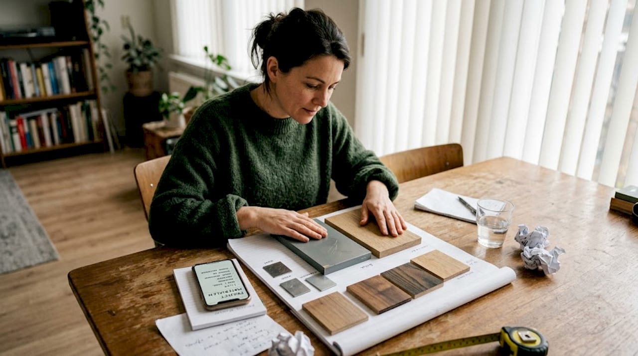 Iemand zit thuis verschillende deurmaterialen naast elkaar te bekijken om te bepalen welke het beste past.